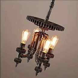 Lampada a sospensione retrò in metallo con ingranaggi meccanici, grigia, 3 luci E26/E27