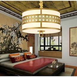 Lampada a sospensione stile cinese moderno, mini, dorata, paralume beige/bianco, E26/E27