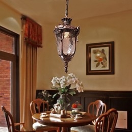 Lampada a sospensione lanterna vintage 1 luce finitura bronzo, paralume in vetro marrone