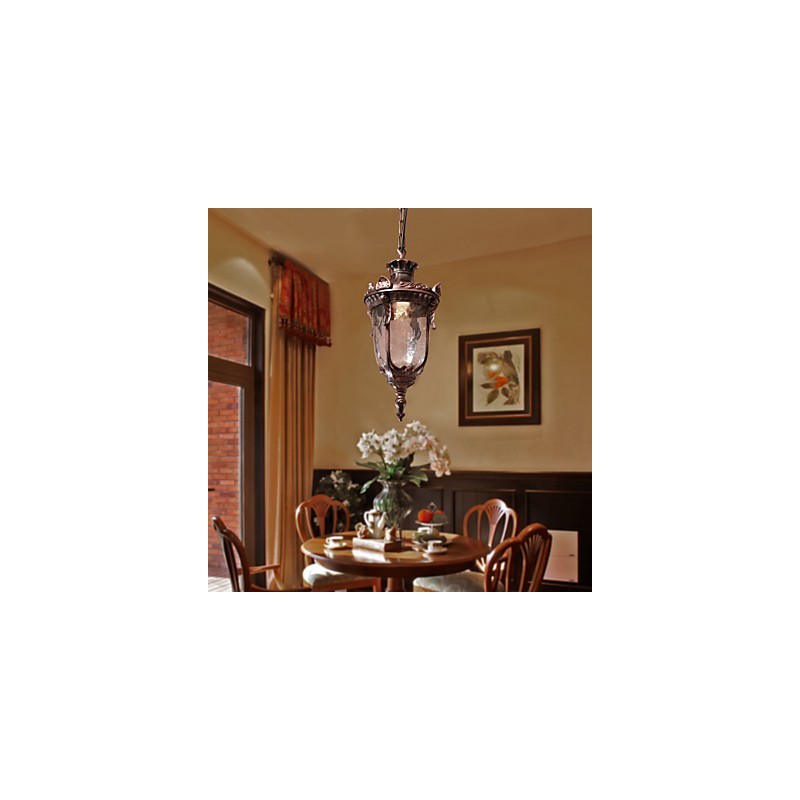 Lampada a sospensione lanterna vintage 1 luce finitura bronzo, paralume in vetro marrone