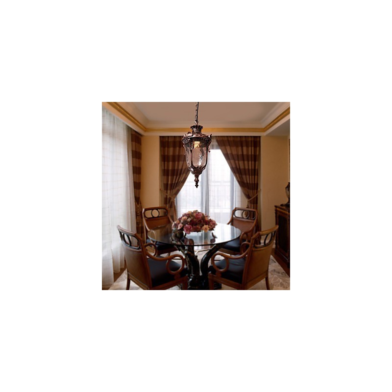 Lampada a sospensione lanterna vintage 1 luce finitura bronzo, paralume in vetro marrone