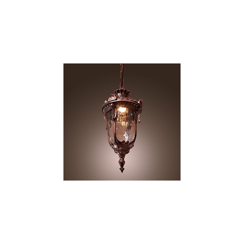 Lampada a sospensione lanterna vintage 1 luce finitura bronzo, paralume in vetro marrone