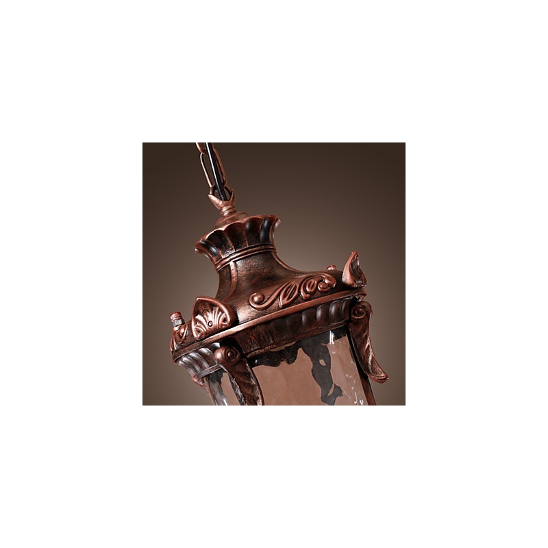 Lampada a sospensione lanterna vintage 1 luce finitura bronzo, paralume in vetro marrone
