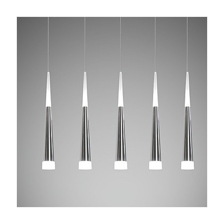 Lampada a sospensione moderna contemporanea in metallo con LED integrato, argento e acrilico bianco