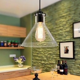 Lampada a sospensione classica vintage retrò in metallo nero con vetro trasparente