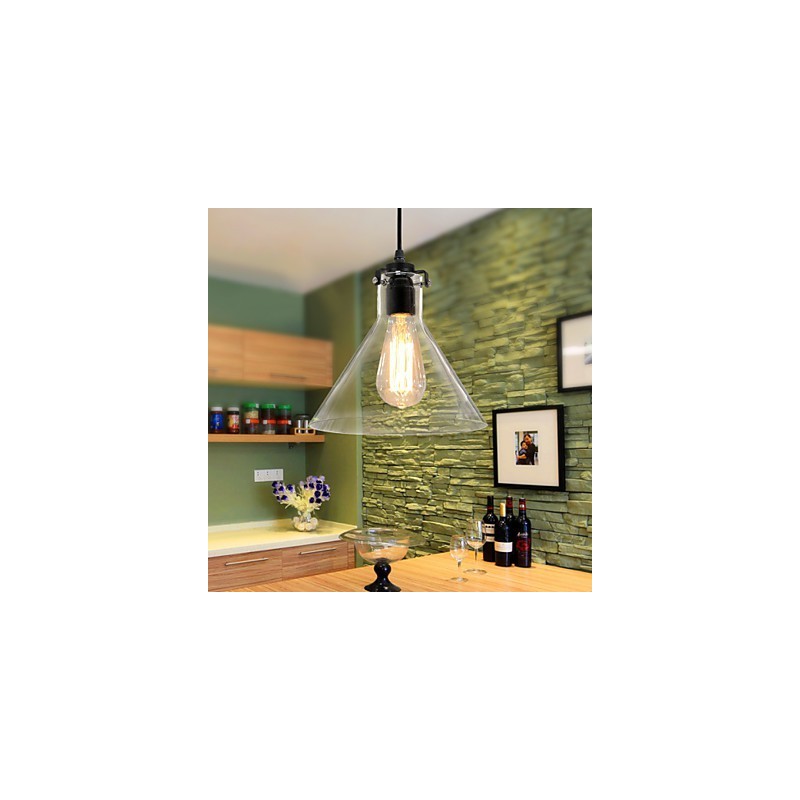 Lampada a sospensione classica vintage retrò in metallo nero con vetro trasparente