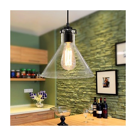 Lampada a sospensione classica vintage retrò in metallo nero con vetro trasparente