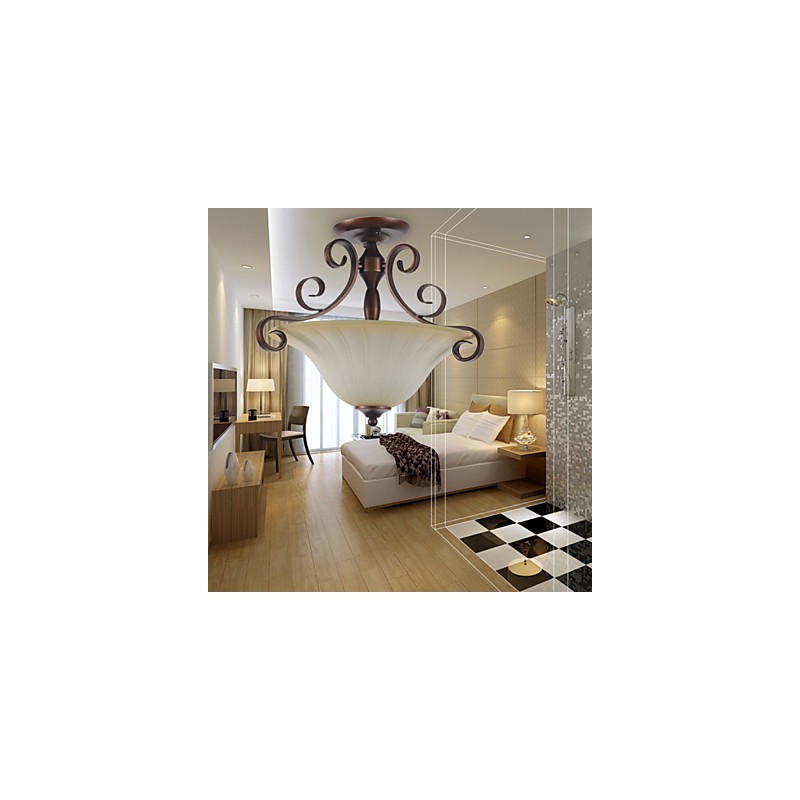 Lampadario a sospensione mini vintage in metallo marrone e vetro bianco, 5 pezzi, 3 lampadine E26/E27