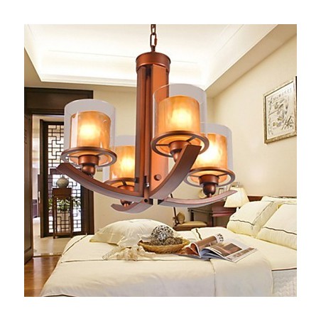 Lampadario classico retrò tradizionale in metallo dipinto marrone con paralume in vetro bianco