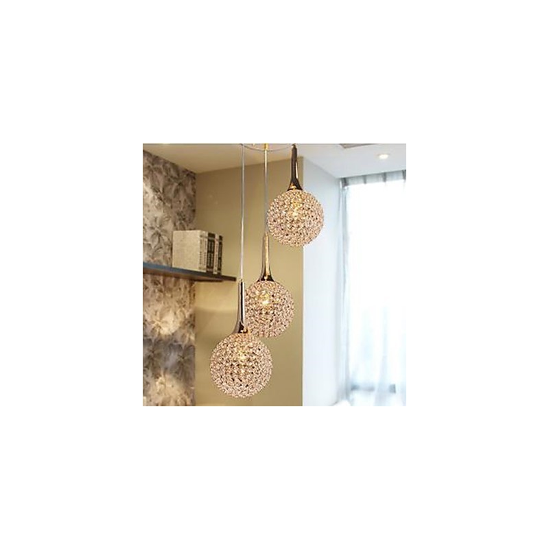 Lampada a sospensione moderna in cristallo, finitura cromata, 3 lampadine E12/E14
