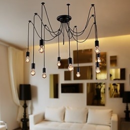 Lampadario vintage nero 10 luci con lampadine incluse, sospensione regolabile