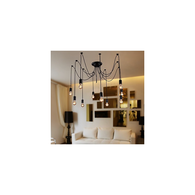 Lampadario vintage nero 10 luci con lampadine incluse, sospensione regolabile
