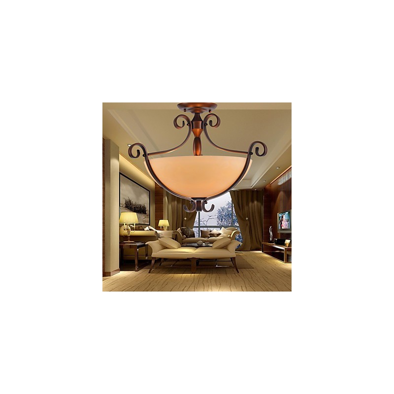 Lampada a sospensione rustica vintage in metallo dipinto, 3 luci, marrone e bianco