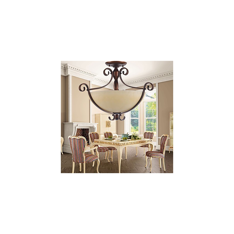 Lampada a sospensione rustica vintage in metallo dipinto, 3 luci, marrone e bianco