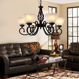 Lampadario classico tradizionale stile candela nero con paralumi bianchi, 6 luci E26/E27