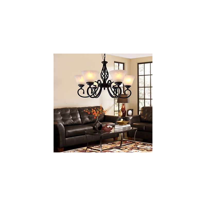 Lampadario classico tradizionale stile candela nero con paralumi bianchi, 6 luci E26/E27