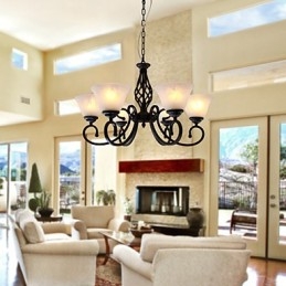 Lampadario classico tradizionale stile candela nero con paralumi bianchi, 6 luci E26/E27