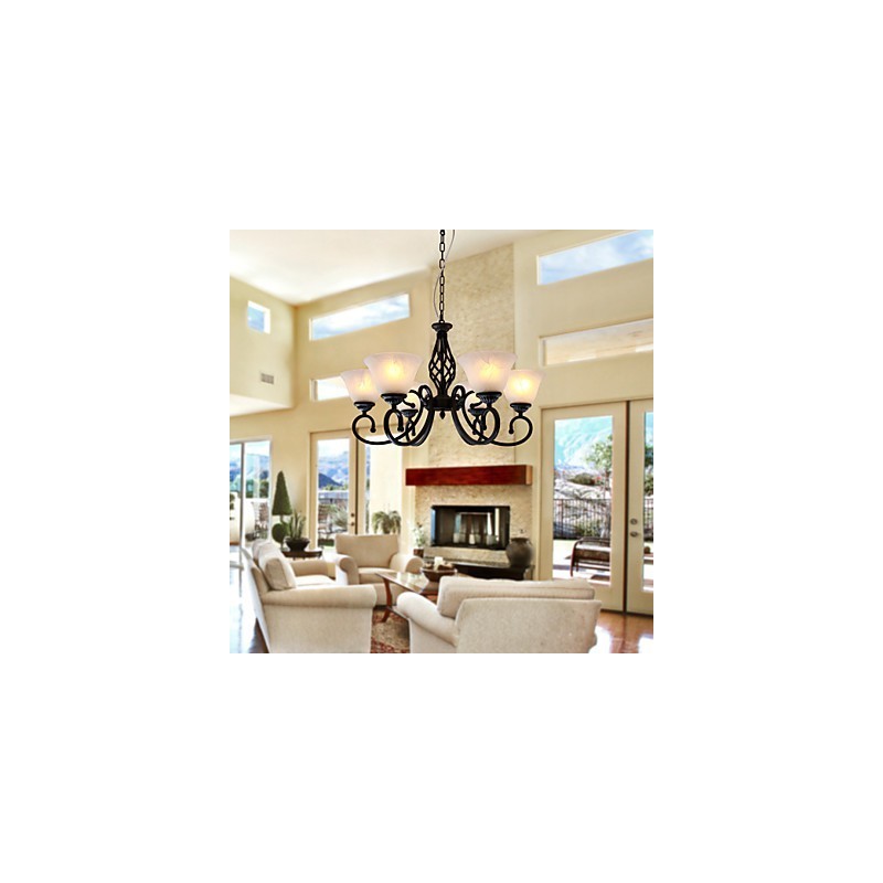 Lampadario classico tradizionale stile candela nero con paralumi bianchi, 6 luci E26/E27