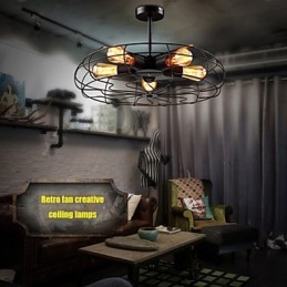 Lampada a sospensione vintage industriale in metallo nero con ventilatore, stile steampunk