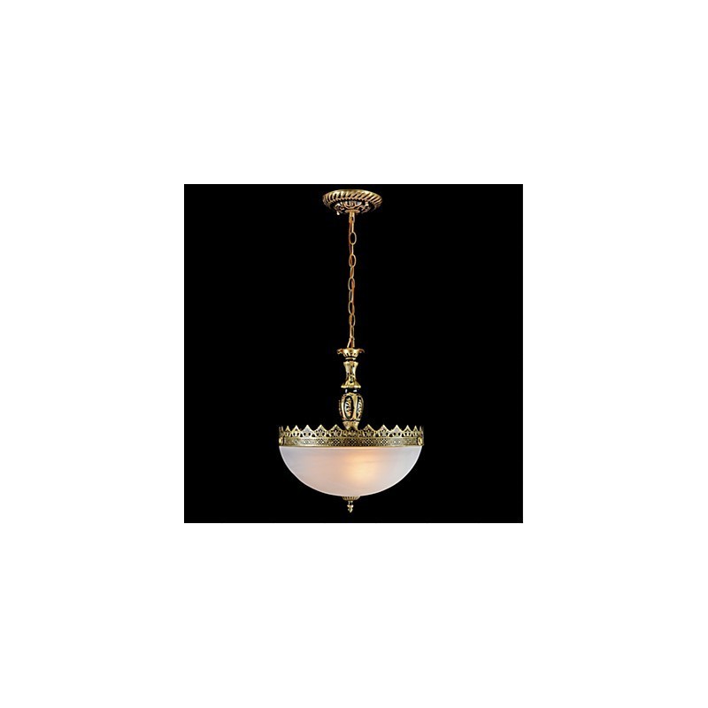 Lampada a sospensione retrò vintage classica in metallo bronzo con paralume in vetro bianco