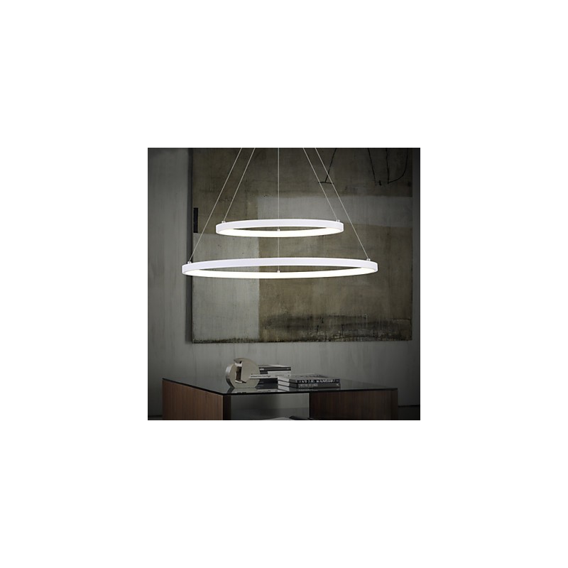 Lampada a sospensione LED moderna a due anelli bianca, 48 W