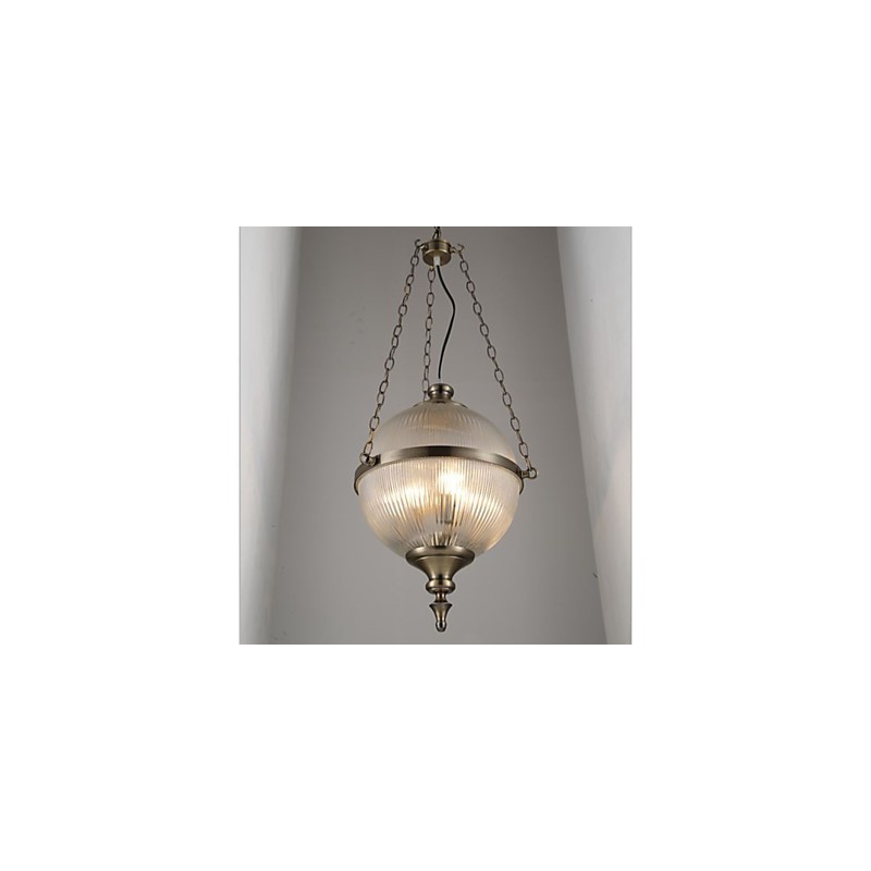 Lampadario a sospensione in ferro e bronzo con paralume in vetro trasparente