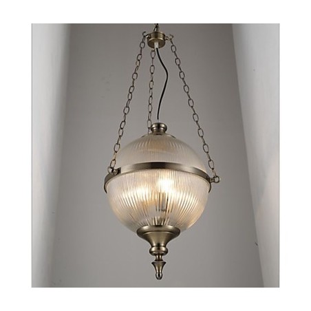 Lampadario a sospensione in ferro e bronzo con paralume in vetro trasparente