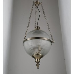Lampadario a sospensione in ferro e bronzo con paralume in vetro trasparente