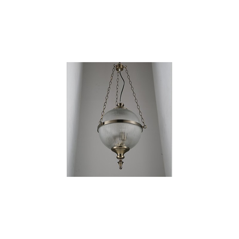 Lampadario a sospensione in ferro e bronzo con paralume in vetro trasparente