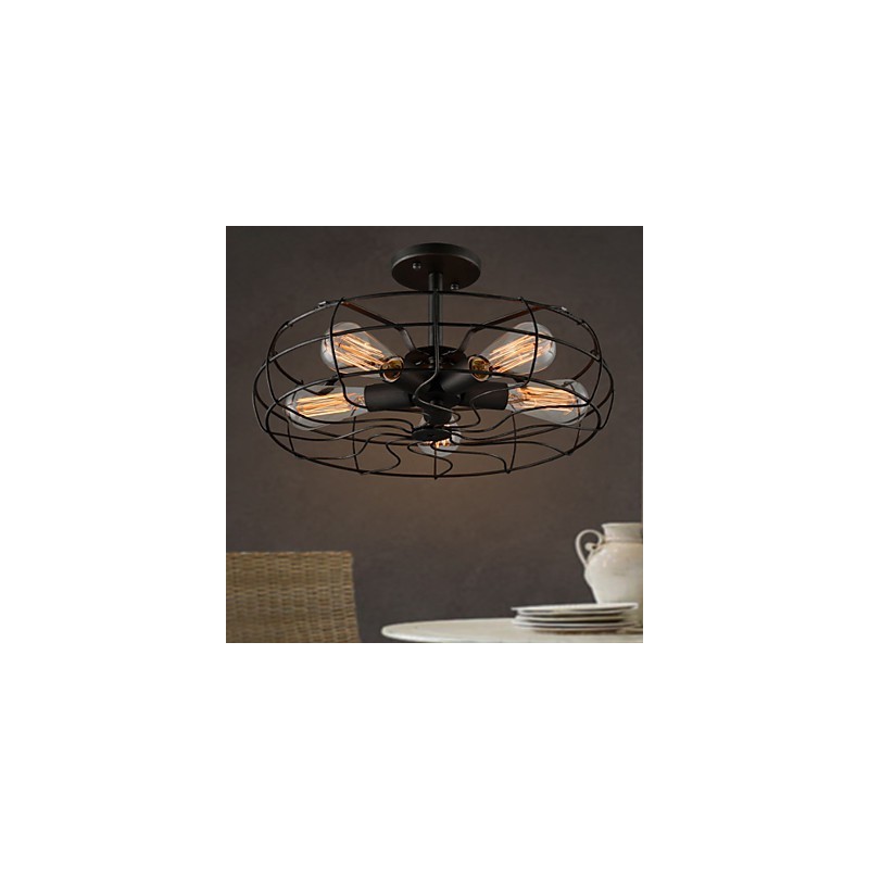 Lampada da soffitto a ventilatore retrò europea industriale, montaggio a filo, nera