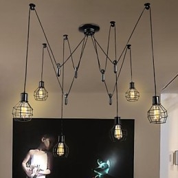 Lampada a sospensione country in metallo nero a 6 luci