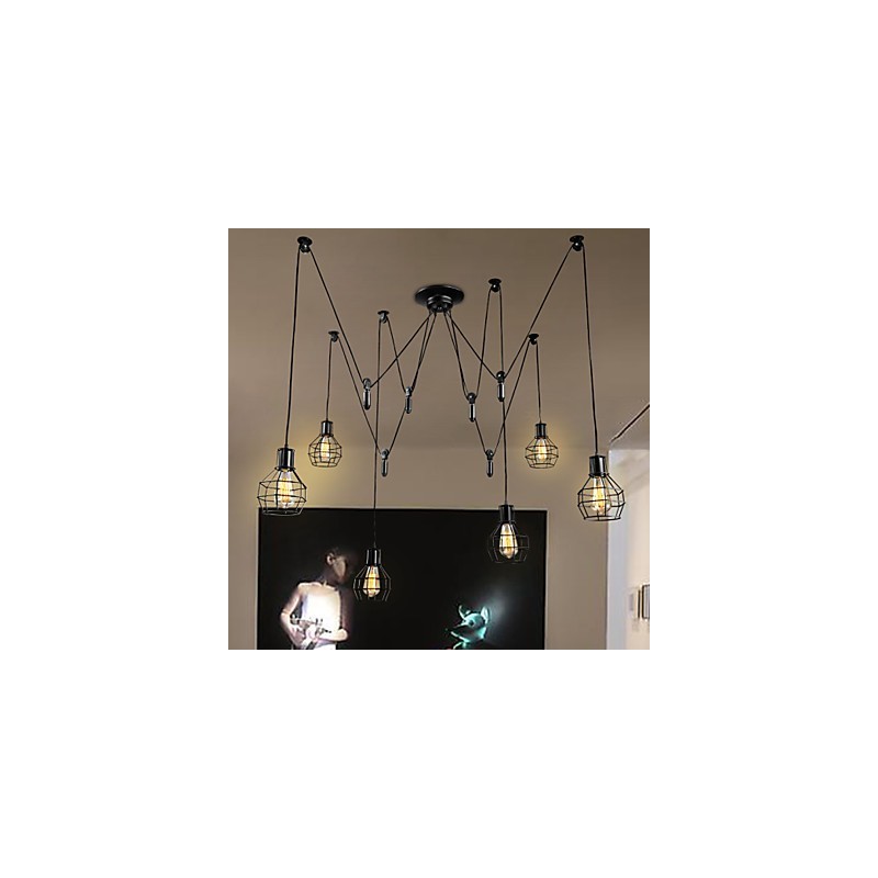 Lampada a sospensione country in metallo nero a 6 luci