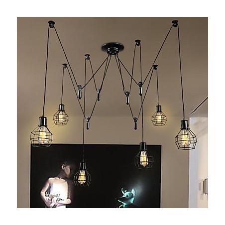 Lampada a sospensione country in metallo nero a 6 luci