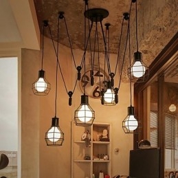 Lampada a sospensione country in metallo nero a 6 luci