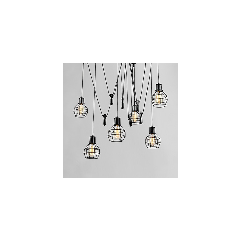 Lampada a sospensione country in metallo nero a 6 luci