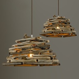Lampada a sospensione retrò in legno/bambù, 1 lampadina E26/E27, regolabile, 330 x 330 x 220 mm
