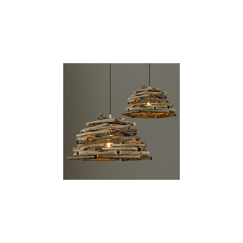 Lampada a sospensione retrò in legno/bambù, 1 lampadina E26/E27, regolabile, 330 x 330 x 220 mm