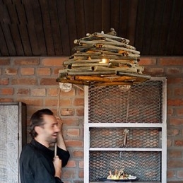 Lampada a sospensione retrò in legno/bambù, 1 lampadina E26/E27, regolabile, 330 x 330 x 220 mm