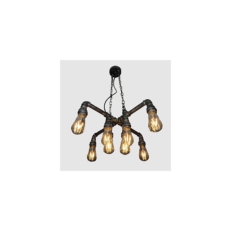 Lampada a sospensione industriale vintage in metallo argento e nero, 8 luci, E26/E27