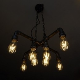Lampada a sospensione industriale vintage in metallo argento e nero, 8 luci, E26/E27