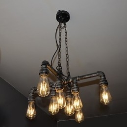 Lampada a sospensione industriale vintage in metallo argento e nero, 8 luci, E26/E27