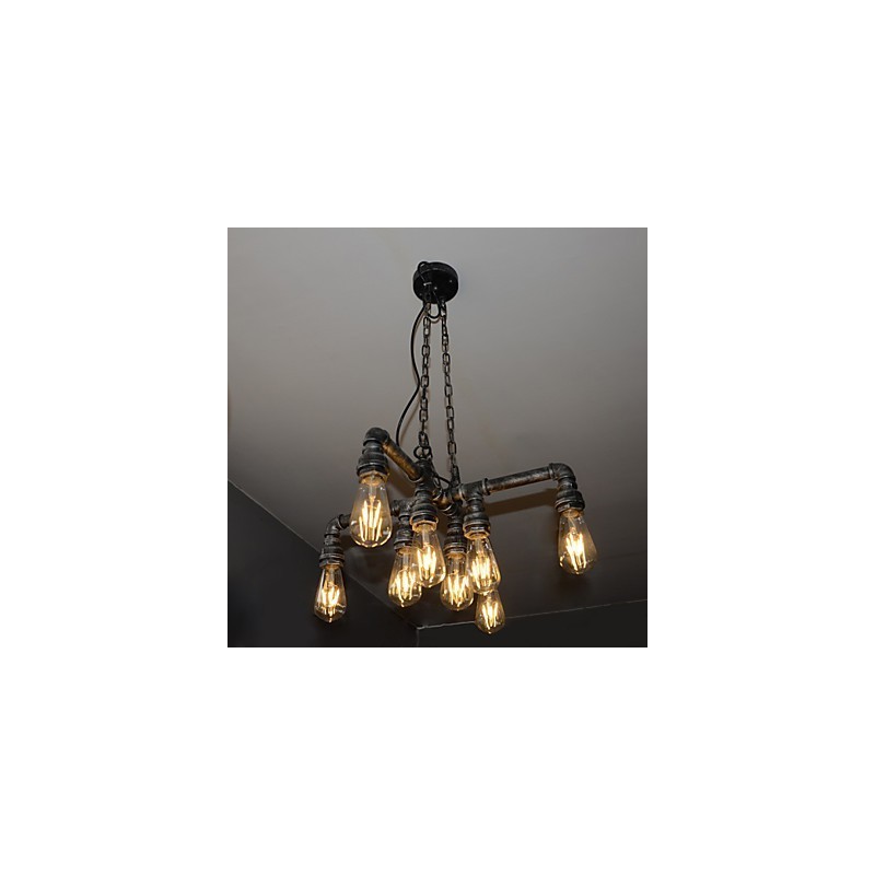 Lampada a sospensione industriale vintage in metallo argento e nero, 8 luci, E26/E27