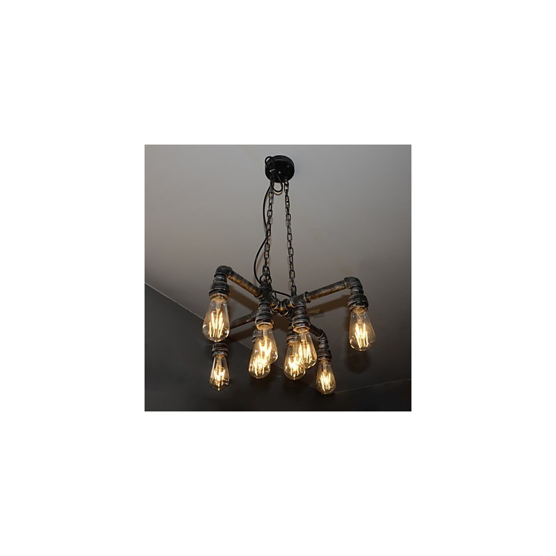 Lampada a sospensione industriale vintage in metallo argento e nero, 8 luci, E26/E27