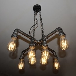 Lampada a sospensione industriale vintage in metallo argento e nero, 8 luci, E26/E27