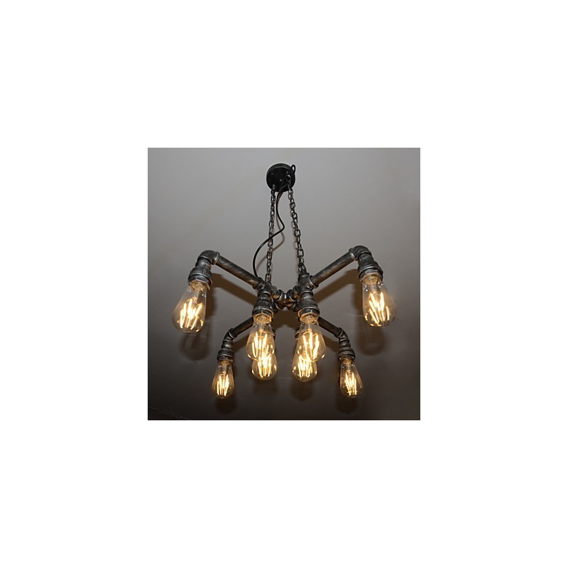Lampada a sospensione industriale vintage in metallo argento e nero, 8 luci, E26/E27