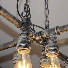 Lampada a sospensione industriale vintage in metallo argento e nero, 8 luci, E26/E27
