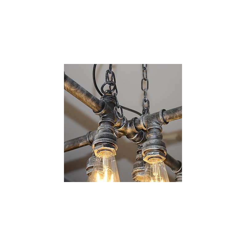 Lampada a sospensione industriale vintage in metallo argento e nero, 8 luci, E26/E27