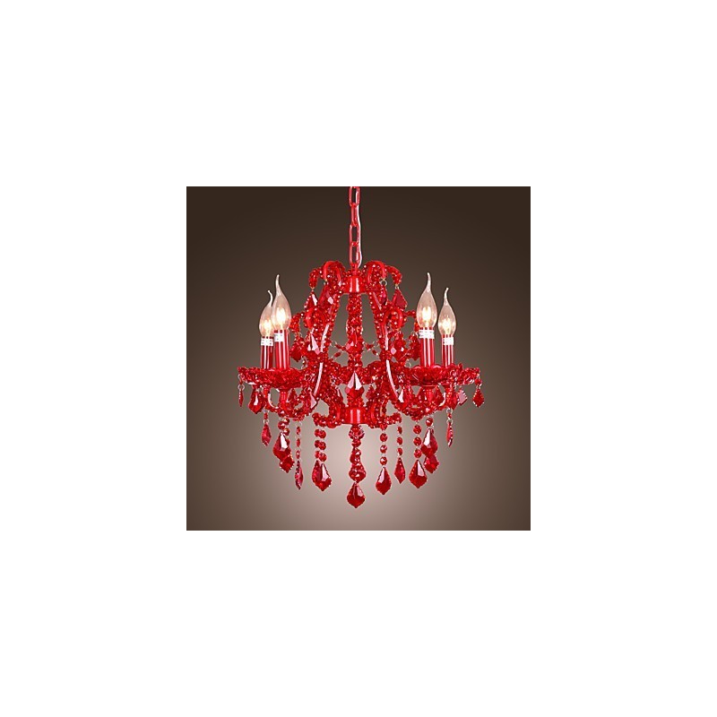 Lampadario moderno contemporaneo in metallo cromato e cristallo rosso