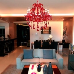 Lampadario moderno contemporaneo in metallo cromato e cristallo rosso