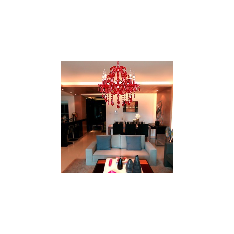 Lampadario moderno contemporaneo in metallo cromato e cristallo rosso